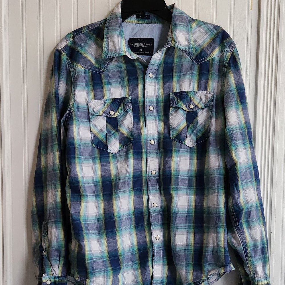 AMERICAN EAGLE Men's Plaid Long Sleeve Snap Front Shirt - Large - Picture 1 of 5